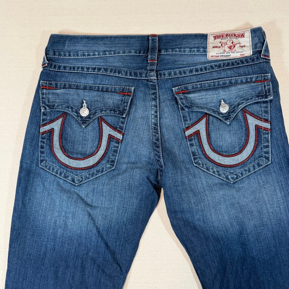 True Religion Section Straight Jeans Mens 38x32.5 Blue Denim Red Contrast Stitch